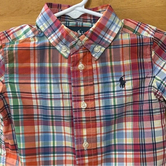 Ralph Lauren Boy’s Orange Plaid Short Sleeve Button Down Shirt Size 12 Months - Picture 2 of 6